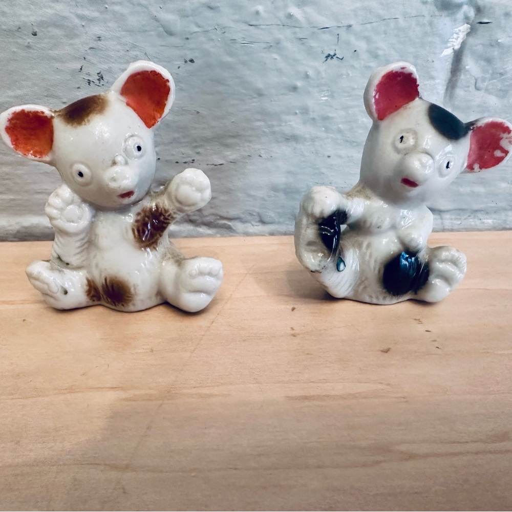 Set Of 2 Miniature Ceramic Teddy Bear Black & White Japan Mini 2.5"